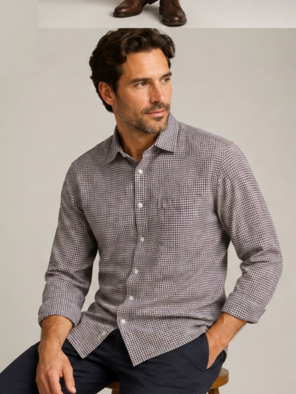 Johnson and Murphy Men's Long-Sleeve Micro-Check Shirt - 100% Cotton